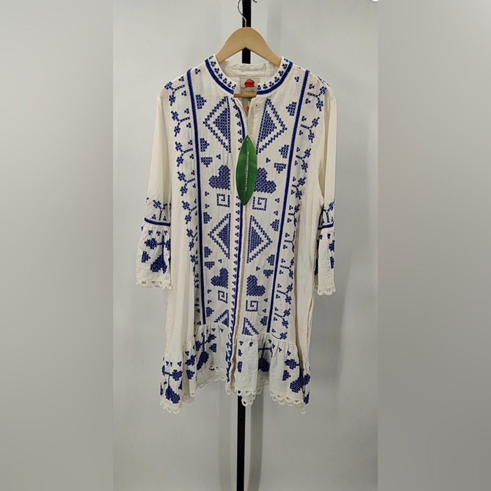 NWT- FARM  Rio Cream and Blue Embroidered Dress - Picture 3 of 5